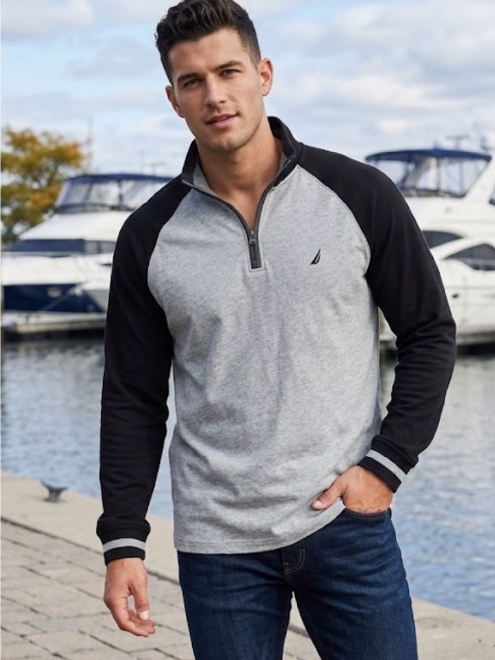 Nautica Men’s Quarter-Zip Raglan Pullover Sweatshirt-Grey & Black-Sz Medium